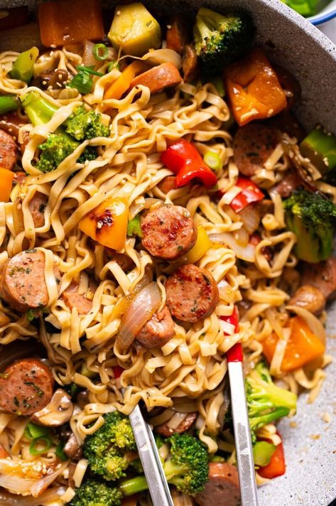 Sausage Stir Fry (30 Minutes) - iFoodReal.com Sausage Noodles, Crispy Vegetables, Sausage Stir Fry, Stir Fry Noodles Recipe, Best Egg Recipes, Teriyaki Stir Fry, Sausage Sauce, Sausage Rice, Fried Sausage