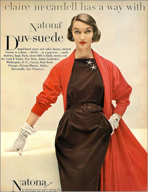 Evelyn Tripp in dress and coat by Claire McCardell, Harper… | Flickr Claire Mccardell, 1950’s Fashion, Vintage Fashion 1950s, Fashion 1950s, Vintage Fashion Photography, Mode Chic, Vintage Glam, Suede Dress, Old Fashion