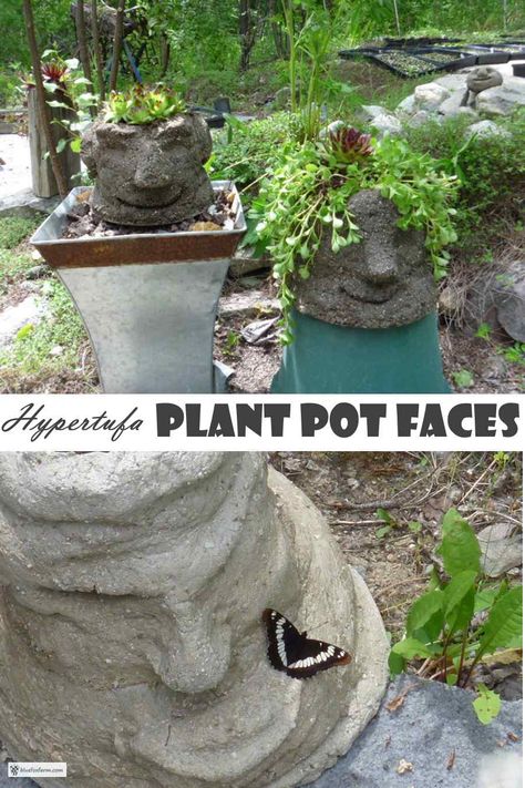 Hypertufa Plant Pot Faces - lots of garden fun... Hypertufa Projects | Garden Plant Pots Hypertufa Projects Garden Art, Hypertufa Sculpture, Creative Garden Projects, Pot Faces, Concrete Inspiration, Hypertufa Projects, Hardy Succulents, Diy Concrete Planters, Concrete Diy Projects