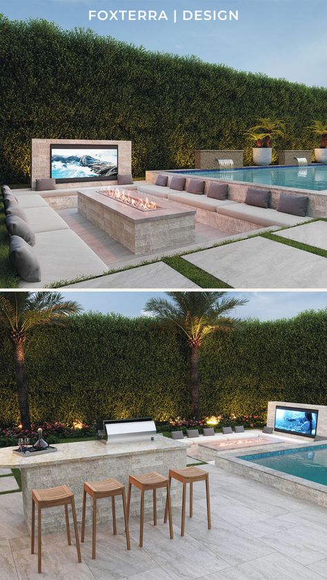 This modern organic backyard landscape design is the perfect minimalist backyard for our client's dream home!  Featuring a modern pool & spa, modern pergola covered patio & huge outdoor TV screen at the end of their sunken seating area fire pit.  Ready to create your own luxury backyard landscape design?  We design worldwide, book a free consultation today! Small Pool And Fire Pit Backyard, Outdoor Pool Fireplace, Pool Features Ideas, Best Backyard Ideas For Entertaining, Pool Hot Tub Fire Pit Patio Ideas, Modern Backyard Fireplace, Fire Pit With Pool, Backyard Pool Area, Sunken Fire Pits With Pool