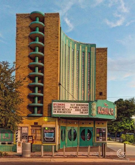 G E O F F R E Y G O D D A R D P H O T O G R A P H Y on Instagram: "K E S S L E R • Laying unused for 30 years after a fire and tornado hit it, the theatre once owned by Gene Autry now runs, like many old theatres, as a live music venue • architect ? • opened 1942 • Dallas, TX • © Geoffrey Goddard (2022) - #geoffreygoddardphotography - - - - - #artdeco #deco #retro #streamline #dallas #1940s #architecture #archdaily #architecturedetail #architecturelovers #jazzage #modernistbuilding #moderni Retro Architecture Buildings, Music Venue Architecture, 1940s Buildings, 1940 Architecture, 20s Architecture, 1950 Architecture, 1940s Architecture, Streamline Architecture, 50s Architecture