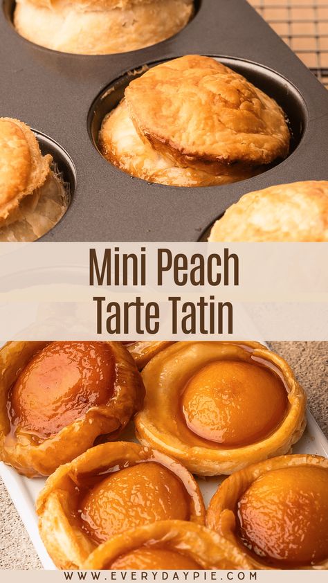 These Mini Peach Tarte Tatins feature tender, caramelized peaches atop flaky, buttery puff pastry, perfect for a handheld dessert. Peach Tartlets, Peach Tart Puff Pastry, Peach Tartlets Puff Pastries, Puff Pastry Peach Galette, Peach Gallette Recipe Puff Pastry, Peach And Almond Tart, Caramelized Peaches, Peach Tart, How To Make Caramel