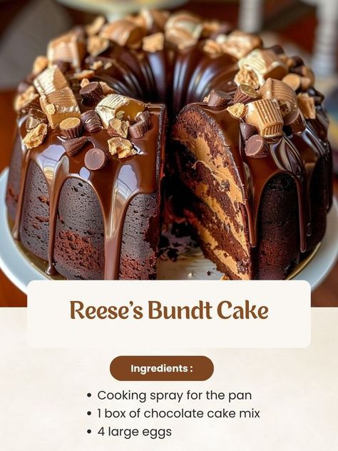 Grammy recipes - Reese's Bundt Cake  Whip up this... Reese's Bundt Cake, Bundt Cakes From Cake Mix Boxes, Praline Bundt Cake Recipe, Easy Bundt Cake Recipes Boxes, Reese Dessert, Reeses Peanut Butter Cake, Chocolate Peanut Butter Bundt Cake, Peanut Butter Bundt Cake, Best Bundt Cake