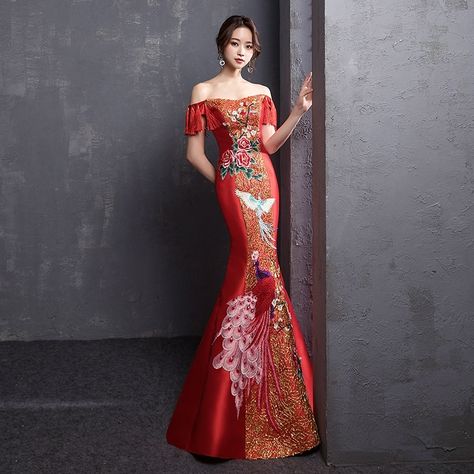 Traditional Chinese Wedding Gown 2019 Off Shoulder Embroidery Mermaid Qipao Dress Chinese Style Cheongsam Wedding Dress AA4547|Cheongsams| - AliExpress Qipao Dress Chinese Style, Embroidery Mermaid, Cheongsam Wedding Dress, Shoulder Embroidery, Cheongsam Wedding, Chinese Bride, Traditional Chinese Wedding, Chinese Traditional Costume, Chinese Wedding Dress