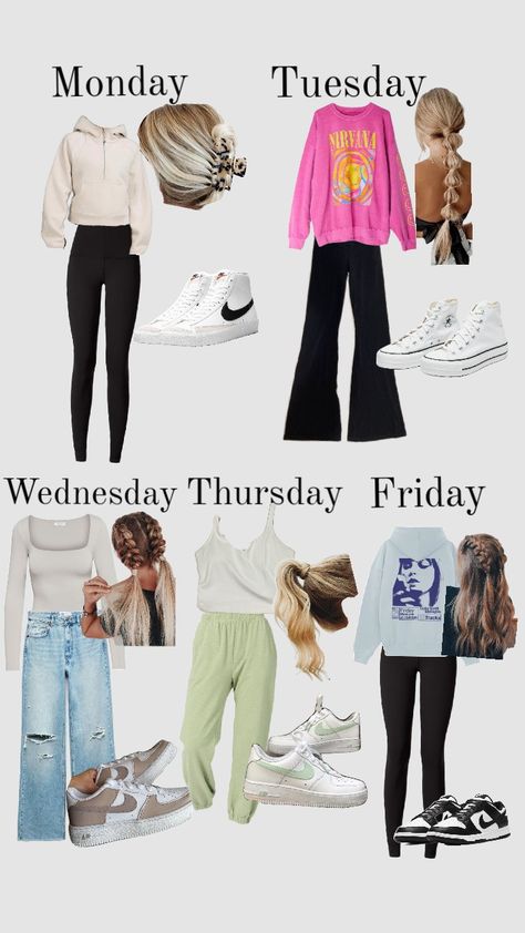 Outfits of the week! Day Of The Week Outfits, Outfits For Each Day Of The Week, What To Wear On Monday, Fit Ideas For School, Week Of School Outfits, Monday Outfits, Outfits For The Week, Cute Middle School Outfits, Outfit Of The Week