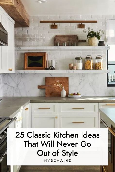 Kitchen Ideas Modern Classic, Kitchen Modern Farmhouse Decor, Timeless Classic Kitchen Design, Vintage Classic Kitchen, One Piece Backsplash Kitchen, Traditional Kitchen Update, Classy Kitchen Backsplash, Kitchen Flooring Ideas Farmhouse, Transitional Kitchen Flooring