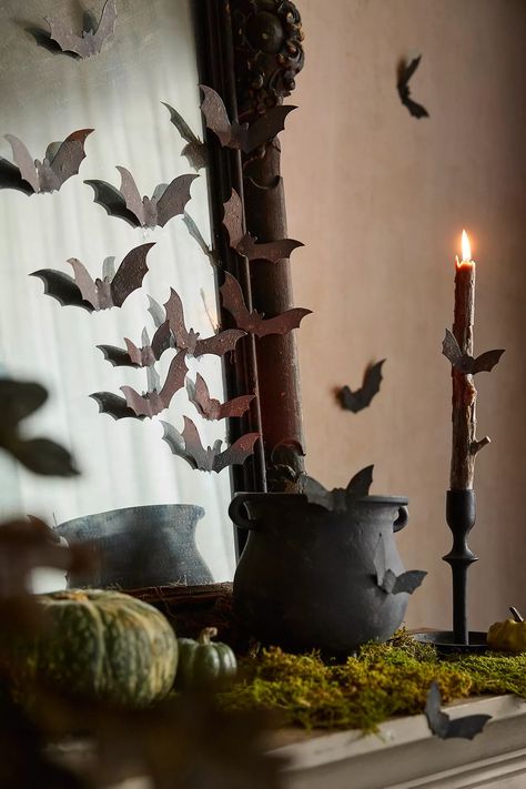 Iron Bat Wall Decor, Set of 18 | Anthropologie (US) Chic Gothic Decor, Non Scary Halloween Decor, Haunted Cottage, Spooky Silhouettes, Bat Wall Decor, Halloween Trends, Bat Wall, Pig Roast, 2024 Ideas