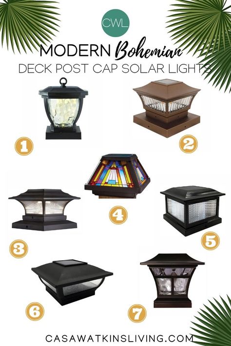 Modern Bohemian Deck Post Solar Lights - Casa Watkins Living Bohemian Deck, Gate Lights Outdoor, Deck Seating Area, Deck Post Caps, Outdoor Pillar Lights, Deck Post Lights, Gate Lights, Deck Seating, Fence Wall