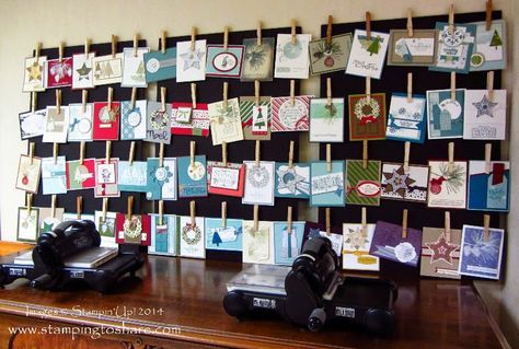 Learn How to Make a Clothespin Display Board with How To Video, Kay Kalthoff is Stamping to Share with Stampin' Up!, Greeting Card Display, Craft Room Christmas Card Display Ideas, Card Display Ideas, Small Christmas Cards, Greeting Card Display, Craft Show Booths, Christmas Card Display, Craft Booth Display, Craft Fairs Booth, Craft Booth Displays