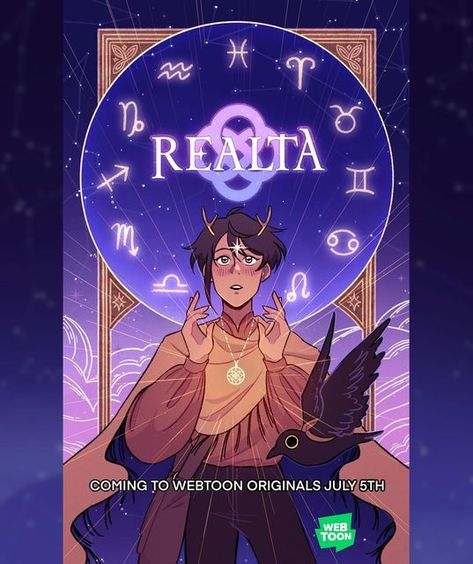 Rachel Eaton on Instagram: "✨Realta is officially releasing on Webtoon July 5th @ 8pm EST✨ “When the world was new, twelve spirits of the stars descended to bless humanity with magic according to their astrological sign. Fourteen worthy people, called the “Realta,” were given stars from their Signs. This allowed them to receive prophecies from the future called ‘horoscopes’ and summon great power to defeat the Fae—beings that tormented humanity. However, much has changed in a thousand years. M Personal Project Ideas, Zodiac Stories, Zodiac Characters, The Fae, Art Basics, July 5th, Spirited Art, Astrological Sign, Webtoon Comics