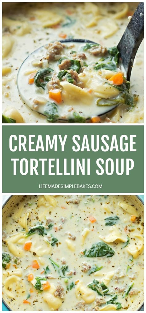 Creamy sausage and tortellini soup is a bowl full of comfort! It's loaded with veggies, sausage and cheese tortellini - plus it comes together in just 45 minutes! #sausagetortellinisoup #soup #creamysoup #sausageandtortellinisoup #souprecipe Creamy Sausage Tortellini Soup, Creamy Sausage Tortellini, Sausage And Tortellini Soup, Sausage And Tortellini, Cheese Tortellini Soup, Sausage Tortellini Soup, Creamy Soup Recipes, Sausage Tortellini, Tortellini Recipes