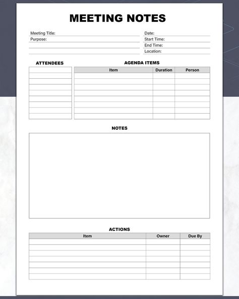 This printable meeting notes template is designed to help you organize and stay on top of all your meetings.  As a meeting minutes and agenda aid this planner can assist you in organizing and conducting more effective meetings, either in person or online. Simply print out this Word document and bring it to your meeting, to take your essential meeting notes and stay focused. You can also open in Microsoft Word and fill it in on your laptop. This simple and easy to use note taking template helps y Minute Taking Templates, Notes Template Printable, Printable Notes Templates, Business Proposal Examples, Note Taking Template, Meeting Notes Template, Client Meeting, Effective Meetings, Notes Plan