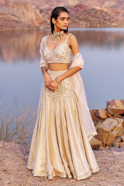 Buy Gold Brocade Embroidered Sequins Jalsaa E Firdose Lehenga Set For Women by Nidhika Shekhar Online at Aza Fashions. Mermaid Lehenga, Sweetheart Neck Blouse, Embellished Lehenga, Drape Sarees, Silver Skirt, Dresses Traditional, Gold Mermaid, Padded Blouse, Brocade Blouses