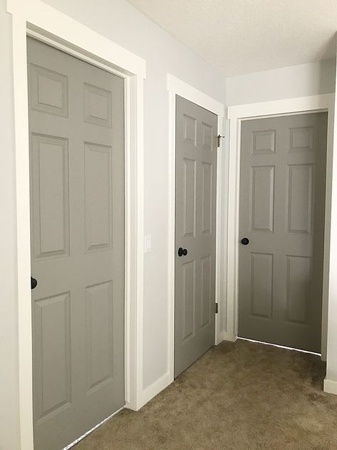 How to Paint Your Interior Doors Interior Door Colors, Grey Interior Doors, Home Depot Paint, Hallway Door, Painted Interior Doors, Diy Interior Decor, Door Paint Colors, Grey Doors, Hemma Diy