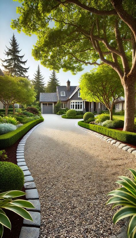 20+ Stunning Driveway Paving Ideas to Elevate Your Curb Appeal 28 Driveway With Grass In Middle, Driveway Farmhouse, Front Driveway Landscaping, Driveway Remodel, Driveway Paving Ideas, Circle Driveway Landscaping, Round Driveway, Gravel Driveways, Cosy Garden