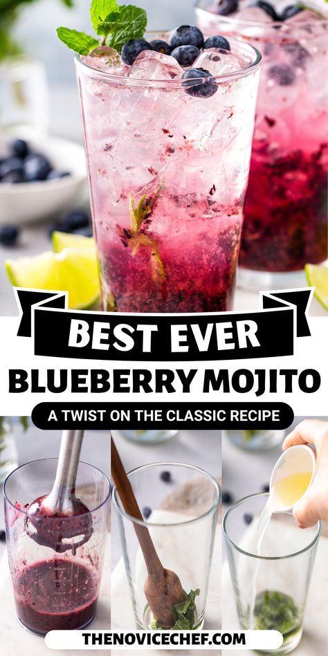 Bright blue and fruity, this easy blueberry mojito is packed with white rum, lime juice, and lots of ice for a refreshing summer cocktail. Topped with club soda for a bit of fizziness, you'll love every minty sip. Summer Mojito Recipe, Blueberry Mojito Pitcher, Summer Mojito, Mojito Pitcher, Blueberry Mojito Recipe, Fancy Cocktails Recipes, Vodka Mojito, Blueberry Gin, Mojito Ingredients