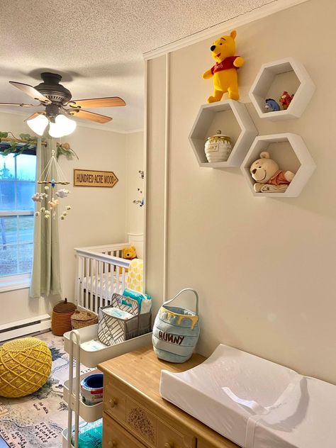 Diy Winnie The Pooh Decorations Nursery, Nursery Room Inspiration Winnie The Pooh, Weenie The Pooh Nursery, Poo Bear Nursery, Sage Green Winnie The Pooh Nursery, Wine The Pooh Nursery, Cute Baby Boy Nursery Ideas, Pooh Bear Room, Winnie The Pooh Room Ideas