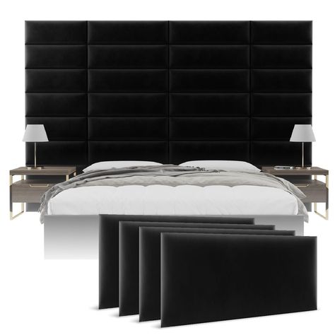 Sultry Bedroom Decor, Goth Accent Wall, All Black Room Aesthetic, Tall Headboard Bedroom Ideas, Black Headboard Bedroom Ideas, Black Wall Bedroom Ideas, High Back Bed, Adult Room Decor, Bedroom Headboard Decor