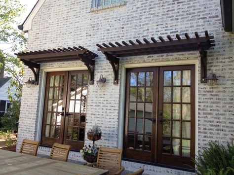 Trellis over French Doors Front Door Pergola, Window Trellis, Shade Landscape, Door Arbor, Window Pergolas, Window Trellises, French Door Windows, Door Pergola, Garage Pergola