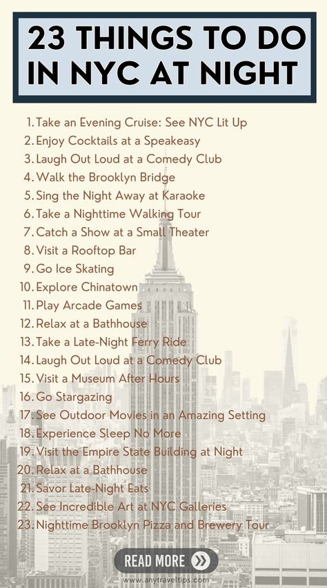 23 amazing things to do in New York City at night! Don't miss these tips from our NYC resident on your next trip! Where To Go In Nyc, Traveling To Nyc, New York To Do List, New York City To Do, Nyc Bucket List Things To Do, New York City Places To Visit, Moving To Nyc Aesthetic, Where To Stay In New York City, New York Travel Aesthetic