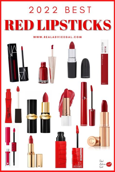 Ultimate list of the best red lipsticks. High-end and drugstore brands of lipsticks with great formula. Red Lipstick Products, Blue Based Red Lipstick Drugstore, Best Blue Red Lipstick, Best Red Lipstick For Fair Skin, Red Lipstick Drugstore, Best Matte Red Lipstick, Drugstore Red Lipstick, Christmas Red Lipstick, Best Drugstore Red Lipstick