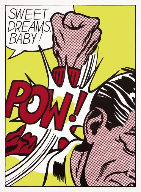 Roy Lichtenstein, "Sweet Dreams, Baby!" (1965), screenprint on white wove paper, sheet: 37 5/8 x 27 5/8 in; image: 35 5/8 x 25 9/16 in (© Estate of Roy Lichtenstein) Pop Art Roy Lichtenstein, Roy Lichtenstein Art, Roy Lichtenstein Pop Art, Lichtenstein Pop Art, Richard Hamilton, Comic Pop Art, Sweet Dreams Baby, Tableaux Vivants, Art Picasso