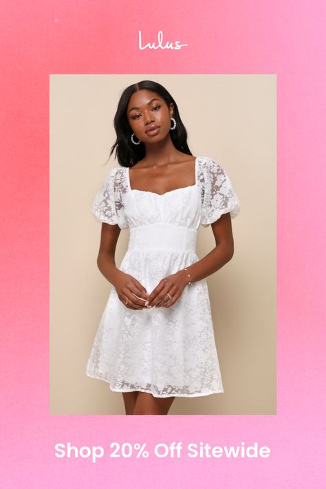 Showcase your angelic side in the Lulus Sweetest Effect White Floral Burnout Puff Sleeve Mini Dress! Lightweight woven jacquard boasts a chic burnout floral design as it shapes short puff sleeves with elastic at the cuffs and shoulders. Bodice has a sweetheart neckline with gathered cups and a banded waist. Skirt has a flaring silhouette, finishing at a mini hem. Hidden zipper/clasp at back. Fit: This garment fits true to size. Length: Mid-thigh. Size medium Bust: Great for any cup size. Waist: Fitted - very fitted at natural waist. Hip: Not Fitted - room for hips. Undergarments: May be worn with a strapless bra, adhesive bra, petals, or no bra. Fabric: Fabric has no stretch. Dress is lined, sleeves are unlined. Shell: 50% Cotton, 50% Polyester. Lining: 100% Polyester. Hand Wash Cold. Do N Hoco Dresses White, Mini Dress Floral, Puff Sleeve Mini Dress, Adhesive Bra, Hoco Dresses, Stretch Dress, Strapless Bra, Cup Size, Mini Dress With Sleeves