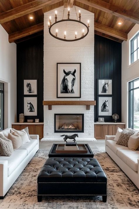 shiplap wall idea for living room Black Diagonal Shiplap Wall, Brick Fireplace With Black Shiplap, Charcoal Shiplap Fireplace, Fireplace Sloped Ceiling, Black Wall With White Fireplace, Fireplace With Dark Walls, Brick Fireplace Black Mantle, Fireplace To The Ceiling, Fireplace Accent Wall Tall Ceiling