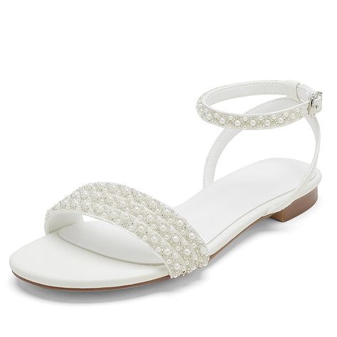 PRICES MAY VARY. Upper Material:Satin;Lining Material:Polyurethane/PU Features:Open Toe with 1 inch flat heel,embellishment with pearls,adjustable buckle,easy to wear and always let you feel comfortable,you could match with any style bride dress Style:Elegant, Classic & Traditional, Chic & Modern,Great gift for bride,girlfriend,mother and best friend. Occasion:Wedding, Party,Formal Evening,Cocktail Party,Homecoming,Graduation,Daily dressy, Casual,Office,Dating,Nightouts,Club and any other specia Beach Wedding Shoes For Bride, Flat Bridal Sandals, Flat Wedding Shoes For Bride, Flat Bridal Shoes, Bridal Flat Sandals, Bride Flats, Flat Wedding Shoes, Flat Sandals Wedding, Wedding Shoes For Bride