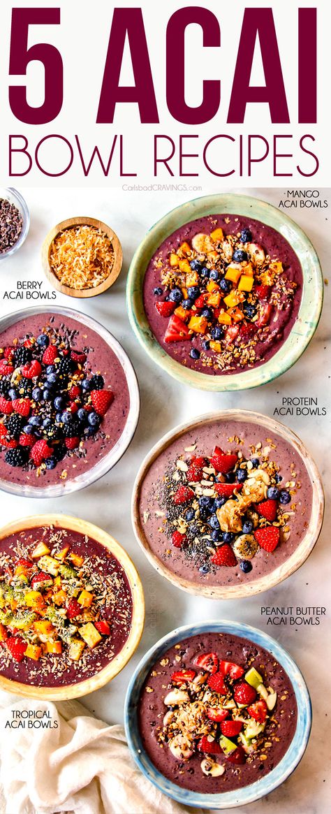 Acai Granola Bowl, How To Add Protein To Smoothies, Frozen Fruit Bowl Recipe, Chia Acai Bowl, Fruit Granola Bowl, Acai Bowl With Chia Seeds, Berry Acai Bowl Recipe, Chai Bowls Breakfast Recipes, Acai Bowl Topping Ideas