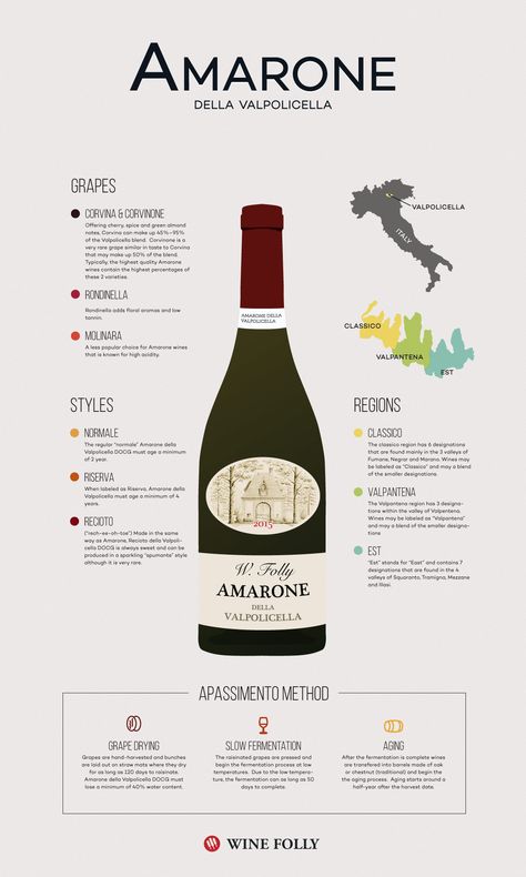 Amarone wine guide - http://winefolly.com/review/amarone-wine-turns-raisins-into-gold/ Amarone Wine, Wine Descriptions, Wine Facts, Wine Names, Wine 101, Wine Folly, Wine Map, Wine Knowledge, Chianti Classico