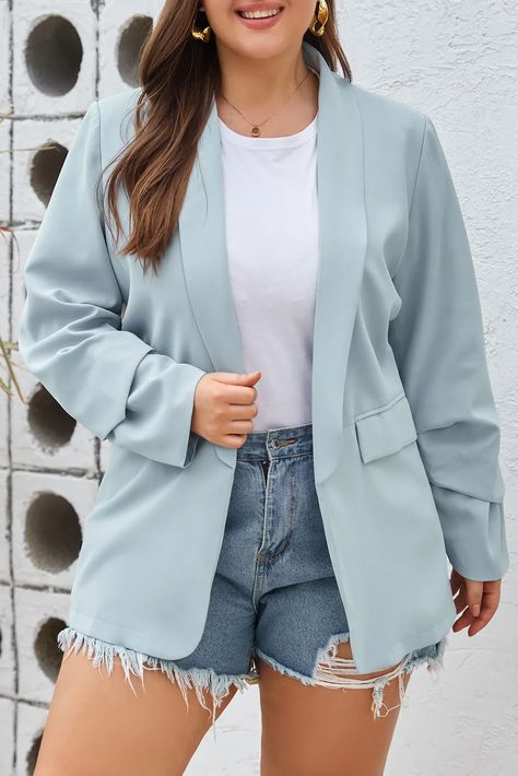 $13.98 Sky Blue Plus Size Soft Lightweight Pocketed Lapel Blazer Wholesale Girls Western Wear, Plus Size Soft, Plus Size Business, Limpet Shell, Lisa Fischer, Business Casual Blazer, Plus Size Suits, Plus Size Blazer, Lapel Blazer