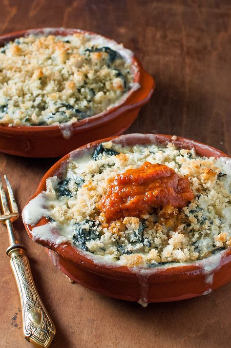 Swiss Chard Gratin and Roasted Red Pepper Sauce Toasted Bread Crumbs, Gratin Recipes, Roasted Red Pepper Sauce, Red Pepper Sauce, Meatless Dinner, Toasted Bread, Bechamel Sauce, Cheesy Sauce, Roasted Red Pepper