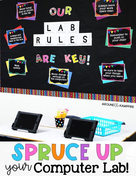 Spruce Up Your Computer Lab with Chalkboard Decor - Around the Kampfire Computer Lab Headphone Storage, Computer Classroom Decor Ideas, Computer Lab Rules Posters, Computer Classroom Design, Technology Classroom Decor, Computer Lab Bulletin Board Ideas, Technology Room, Computer Lab Design, Computer Lab Rules