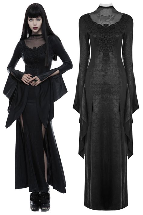 Black Gothic Long Dress, Long Black Dress Gothic, Dark Long Dress, Long Black Gothic Dress, Long Black Dress Goth, Elegant Gothic Dress, Vampire Dress Aesthetic, Gothic Dress Outfit, Goth Dress Long