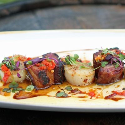 Pork Belly And Scallops, Cured Pork Belly, Parsnip Puree, 3 Course Meals, Festival Food, Shrimp Appetizers, Seared Scallops, Sea Scallops, Pomegranate Molasses