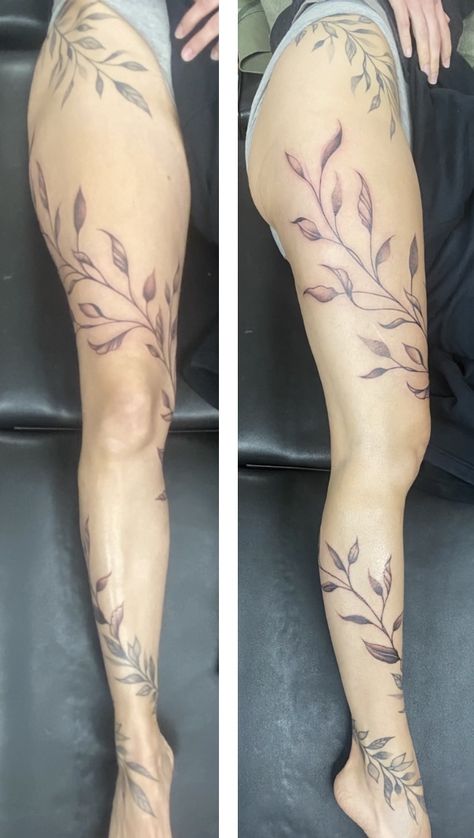 Vines Sleeve Tattoo Women, Ankle To Hip Tattoo, Flower Tattoo Wrapped Around Leg, Vines Down Leg Tattoo, Up The Leg Tattoos For Women, Wrapped Tattoo Leg, Leaves Leg Tattoos Women, Leaf Tattoos For Women Leg, Vine Tattoo Thigh Hip