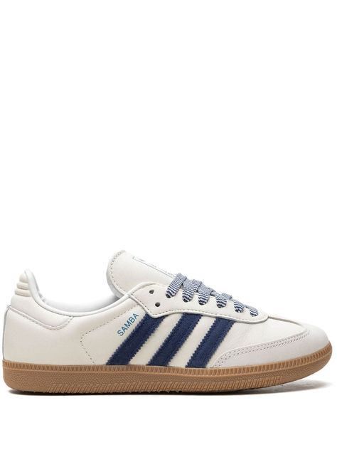 "Find ADIDAS Samba Og \"\"off Dark Blue\"\" Sneakers on Editorialist. off-white blue leather front lace-up fastening signature 3-Stripes logo logo patch at the tongue contrasting laces round toe branded insole gum-rubber sole These styles are supplied by a premium and authenticated sneaker marketplace. Stocking only the most sought-after footwear, they source and curate some of the most hard to find sneakers from around the world." Cute Shoes For Fall, Navy Blue Sambas, Cute Sambas, Platform Sambas, Adidas Trendy Shoes, Fall Outfits Shoes, Blue Adidas Samba, Matching Shoes For Couples, Blue Sambas