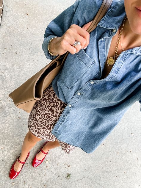 Chambray Oversized Pocket Shirt curated on LTK Chambray Shirt Outfit, Chambray Shirt Outfits, Red Ballet Flats, Leopard Tote, Tote Outfit, Leopard Print Skirt, Red Flats, Chambray Top, Pocket Shirt