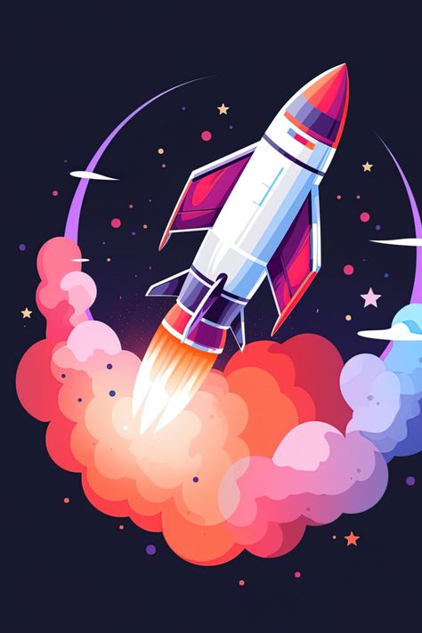 Cartoon rocket illustration in space using digital art. Cartoon Rocket Ship Drawing, Rocket Ship Illustration, Rocket Illustration Design, Rocket Ship Painting, Space Rocket Drawing, Space Ships Drawing, Rocket Ship Drawing, Space Rocket Illustration, Cartoon Rocket Ship