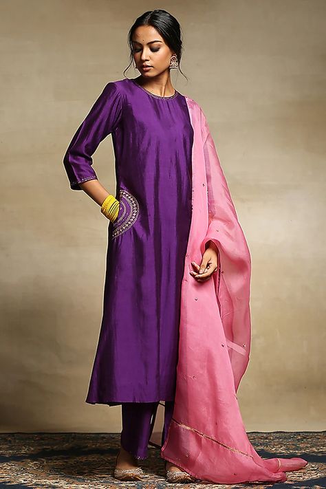 Deep Purple Chanderi A-Line Kurta Set Design by Weaverstory at Pernia's Pop Up Shop 2022 Purple Kurta Set Women, Purple Contrast Color, Purple Color Combinations, Chanderi Kurta, Kurta Set For Women, Purple Suits, A Line Kurta, Fancy Dress Design, Purple Silk