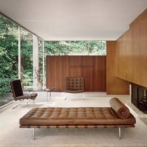 Daybed Living Room Ideas, Mies Van Der Rohe Furniture, Bauhaus Interior Design, Bauhaus Interior, Bauhaus Furniture, Farnsworth House, Interior Design Per La Casa, Ludwig Mies Van Der Rohe, Mid Century Modern Interiors