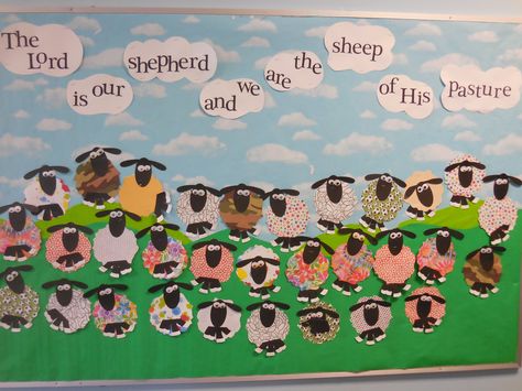 Sheep of His Pasture Lamb Bulletin Board Ideas, Good Shepherd Bulletin Board, Sheep Bulletin Board, Sheep Bulletin Board Ideas, Sheep Classroom Theme, Sheep Activities, Farm Bulletin Board, County Fair Projects, Christian Boards