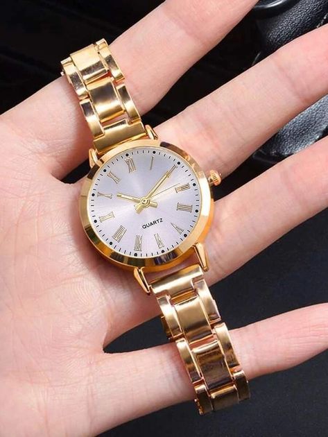 1pc Round Pointer Quartz Watch & 1pc Bracelet | SHEIN Golden Watch, Bracelet Love, Gold Alloys, Love Bracelet, Kids Watches, Valentines Gifts For Her, Bracelet Clasps, Bangle Set, Stainless Steel Band