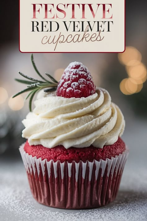 Festive Red Velvet Cupcakes with Creamy Vanilla Frosting and Fresh Raspberries - Emma's Cake Studio Vanilla Cupcakes Ideas, Red Velvet Cupcake Design, Red Velvet Cupcakes With Filling, Red Velvet Cupcakes Christmas, Raspberry Christmas Cake, Bday Cupcakes For Women, Christmas Red Velvet Cupcakes, Cupcake Photography Ideas, Christmas Cupcake Flavor Ideas