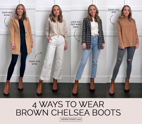 4 Outfits with Brown Chelsea Boots - Merrick's Art Outfits With Brown Heeled Boots, Chelsea Boot Style Woman, Brown Boot Outfits Winter, Dressing Up Chelsea Boots, Ways To Style Chelsea Boots, Chelsea Boot Office Outfit, Work Outfits Brown Boots, Marc Fisher Chelsea Boots Outfit, Tan Boots Winter Outfit