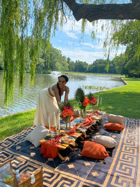 Birthday Brunch Picnic Ideas, Black Picnic Aesthetic, Luxury Picnic Aesthetic, Luxury Picnic Themes, Black Luxury Picnic, Luxury Picnic Food Ideas, African Picnic, Luxury Picnic Ideas, Boho Picnic Party