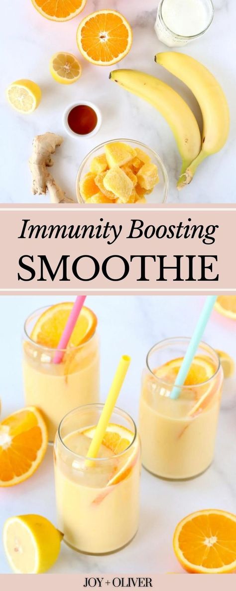 This Immunity Boosting Smoothie is made with fresh whole oranges, bananas, mango, ginger, and honey for a refreshing smoothie that will load you up with all the vitamins you need for a healthy winter. You can add a scoop of collagen or protein powder to your smoothies for an extra boost of protein. Chia seeds are also a great addition to this smoothie! These are great for your digestive system and help get rid of toxins. Immunity Boosting Smoothie, Immunity Smoothie, Citrus Smoothie, Immune Boosting Smoothie, Turmeric Smoothie, Orange Smoothie, Ginger Smoothie, Ginger And Honey, Mango Smoothie