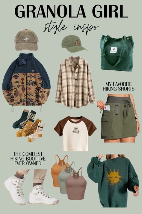 Hiking Outfits Granola, Outdoor Women Outfits, Van Life Clothes, Crunchy Outfits Summer, Campcore Outfits, Granola Girl Capsule Wardrobe, Casual Granola Outfits, Granola Capsule Wardrobe, Iceland Summer Outfit