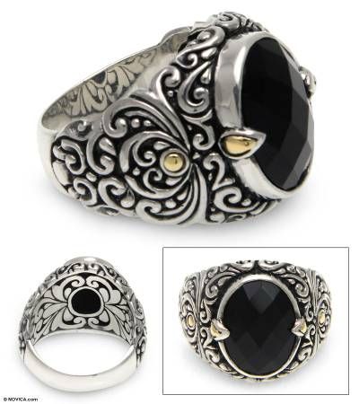 Men's gold accent onyx ring, 'Strength of Character' - Men's Unique Sterling Silver and Onyx Ring St Michael Pendant, Silver Earrings Online, Modern Silver Jewelry, Handmade Gold Jewellery, Silver Jewelry Fashion, Viking Jewelry, Silver Jewelry Rings, Mens Gold, Onyx Ring